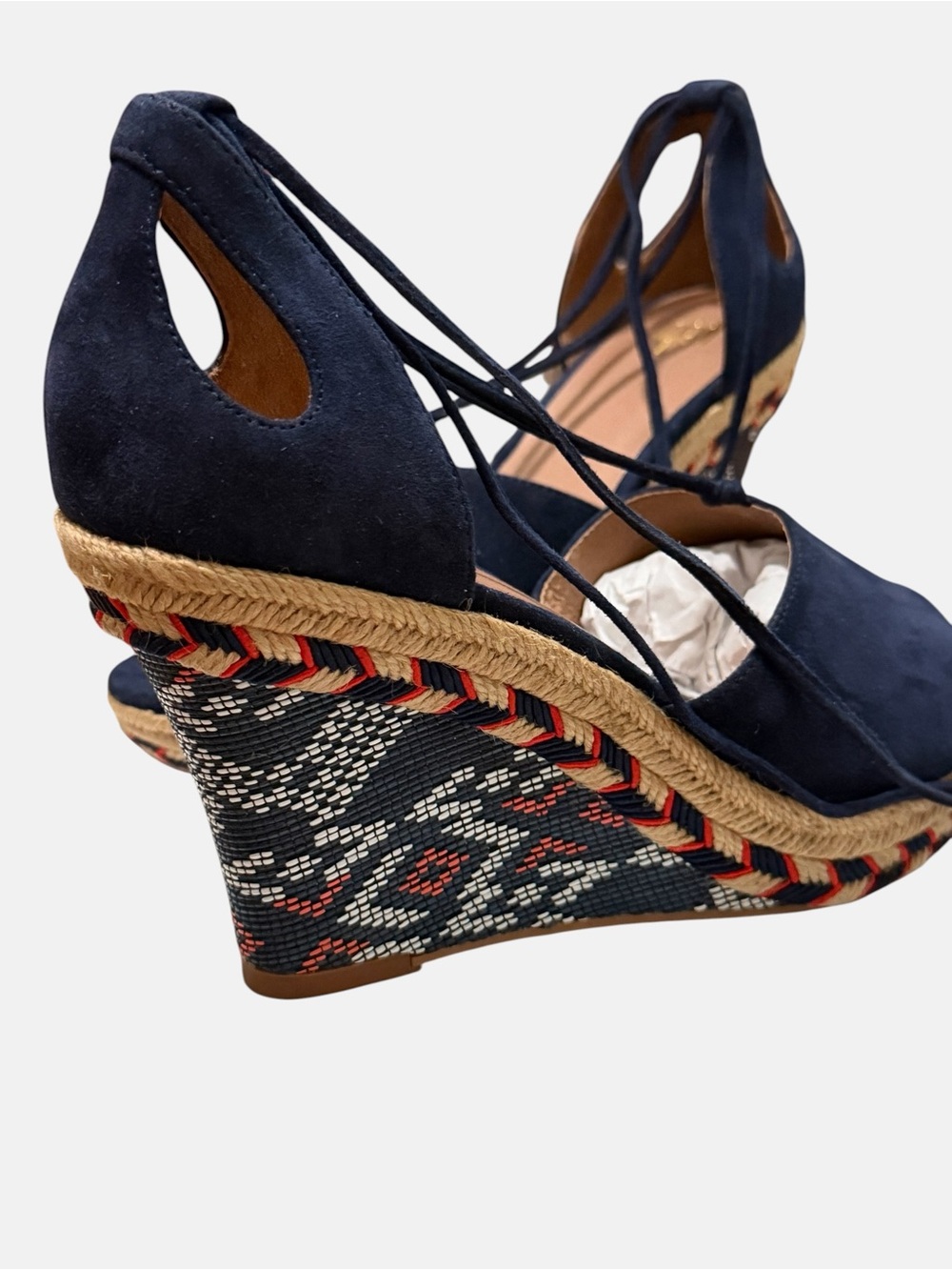 Cabi Isla Navy Suede Espadrille Wedge Sandals - Geometric Boho Ankle Tie Size 7 - Picture 8 of 14